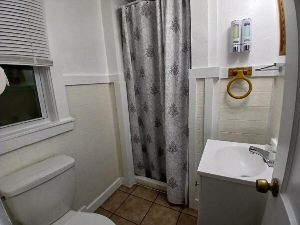 White bathroom with shower, toilet, and sink.